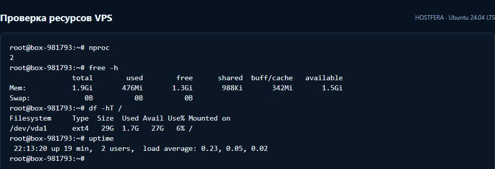Результаты nproc, free -h, df -hT / и uptime на тестовом VPS