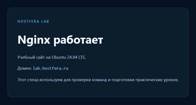 Учебный сайт lab.hostfera.ru с сообщением Nginx работает на Ubuntu 24.04 LTS