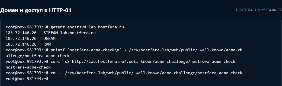 Проверка адреса lab.hostfera.ru и чтение тестового файла HTTP-01