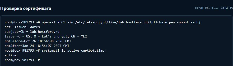 Поля subject, issuer, notBefore и notAfter сертификата и активный certbot.timer