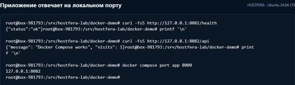 Ответы health и api, счётчик просмотров и локальный адрес опубликованного порта Docker