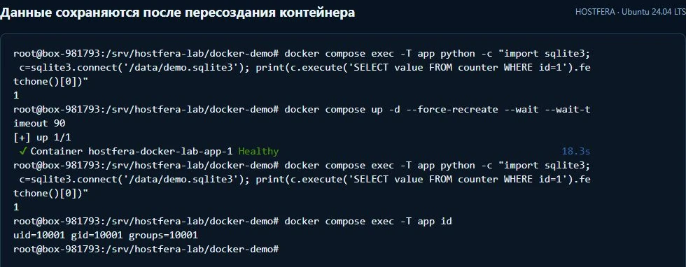 Чтение счётчика до и после force-recreate: оба раза 1, пользователь контейнера UID 10001