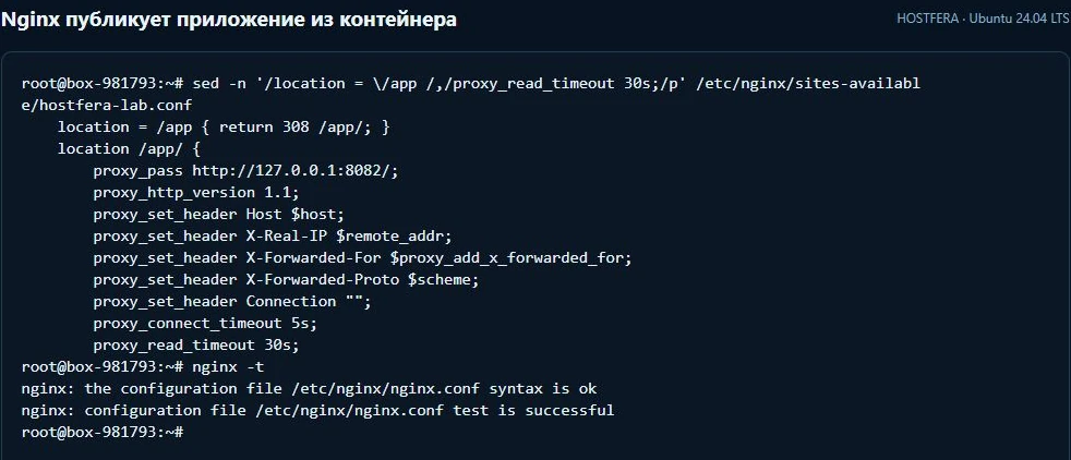 Настройки proxy_pass к контейнеру Docker и успешный nginx -t