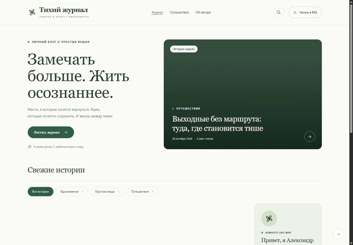 Главная демонстрационного блога в светлой теме Hostfera Journal