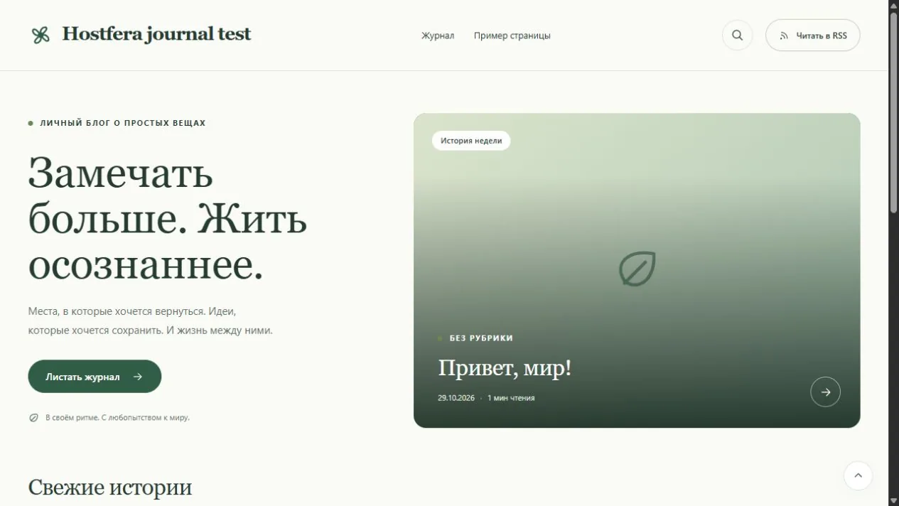 Результат установки WordPress с темой Hostfera Journal через проверенный скрипт